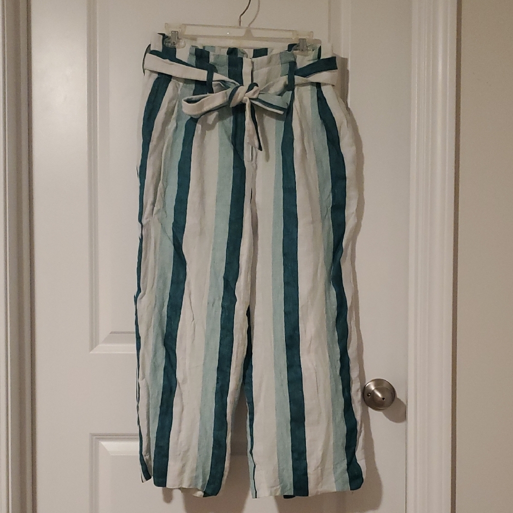J. Crew Teal and White Striped Paperbag Linen Pants
